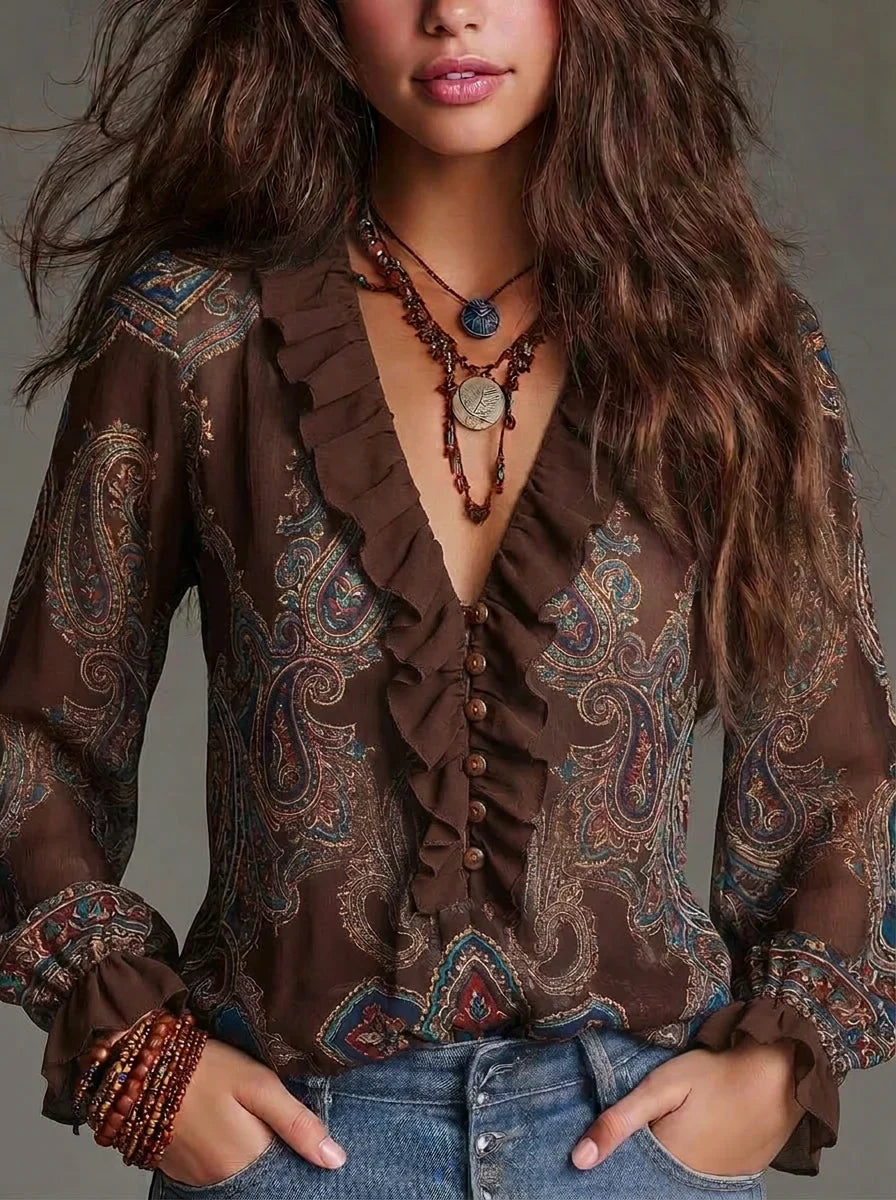 Brown Paisley Print Ruffle V-Neck Semi-Sheer Long Flare Sleeve Button-Back Chiffon Blouse