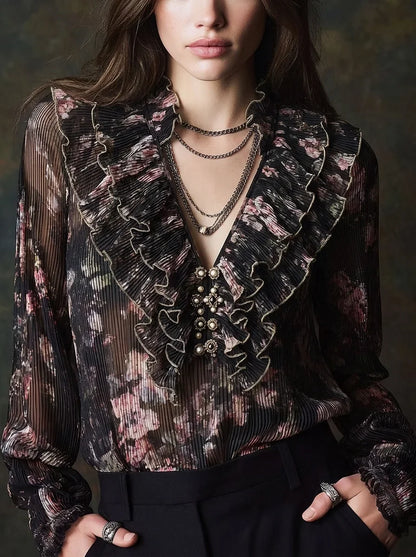 Dark Floral Print Pleated Chiffon Ruffle V-Neck Gold Trim Pearl Button Long Flare Sleeve Blouse