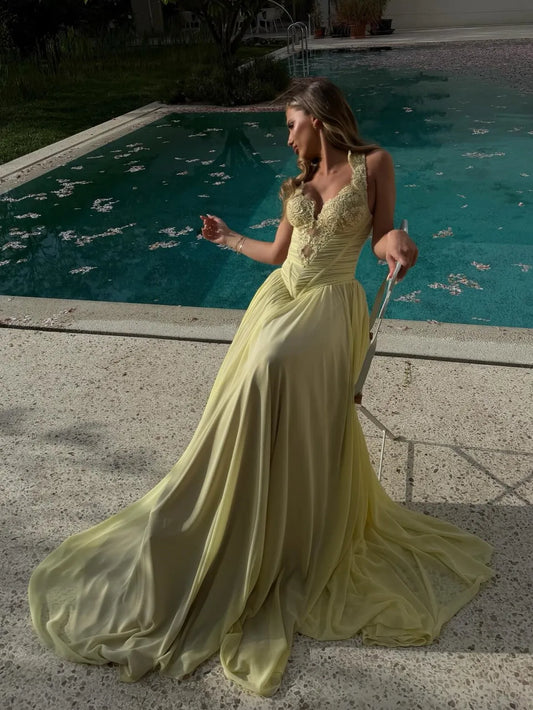 Halter Lace Corset Chiffon Evening Gown