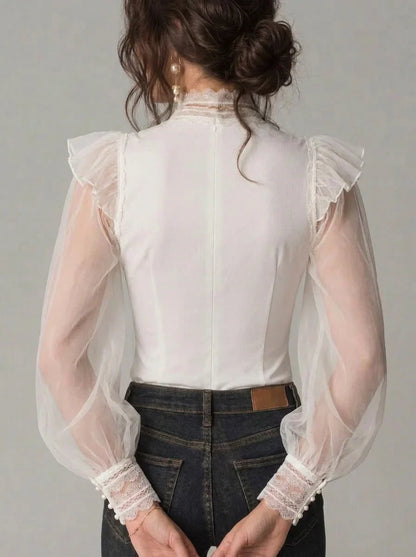 White Lace High-Neck Sheer Tulle Ruffle Shoulder Pearl Cuff Long Puff Sleeve Corset Blouse