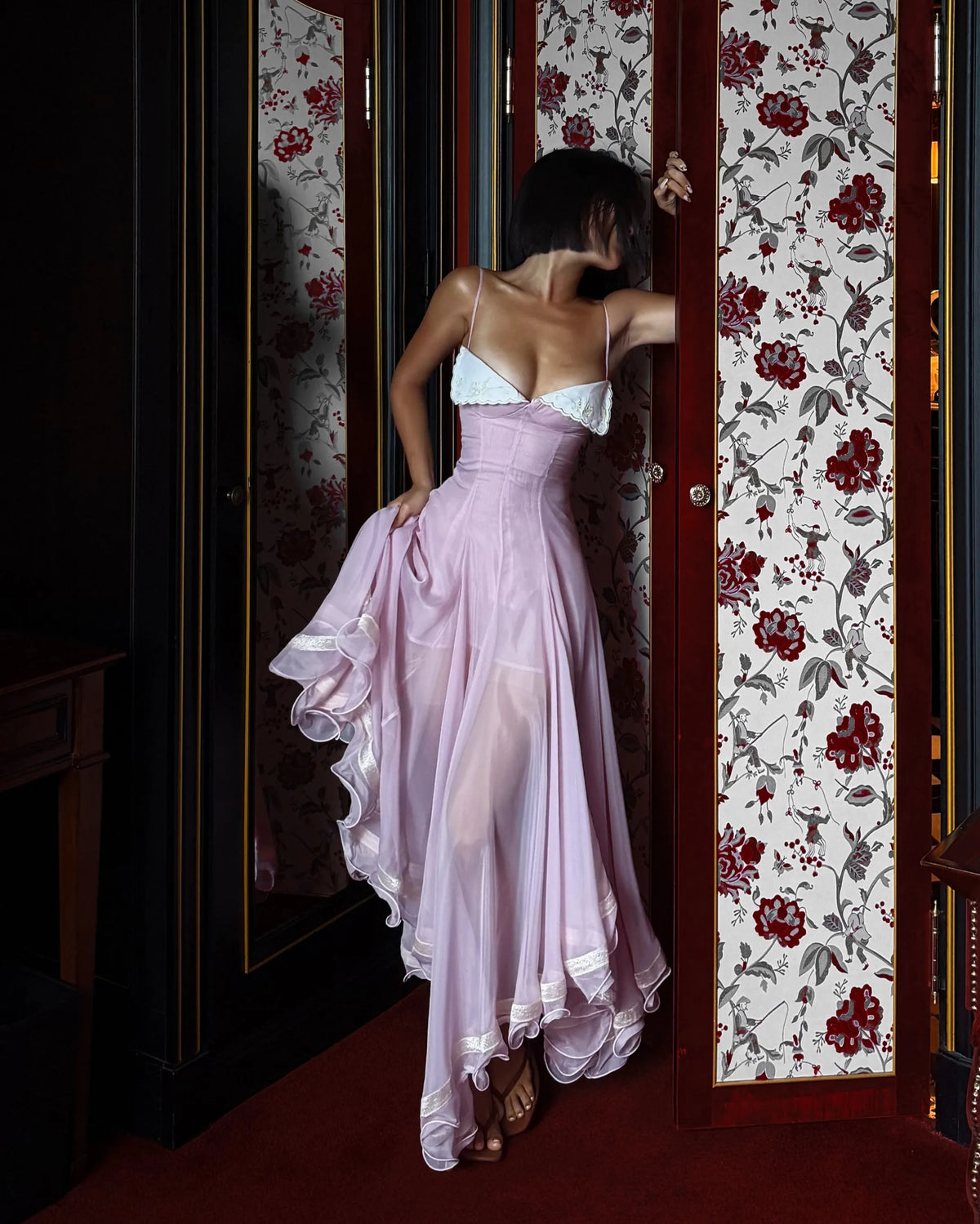 Two-Tone Satin & Lace Trim Cami Maxi Dress