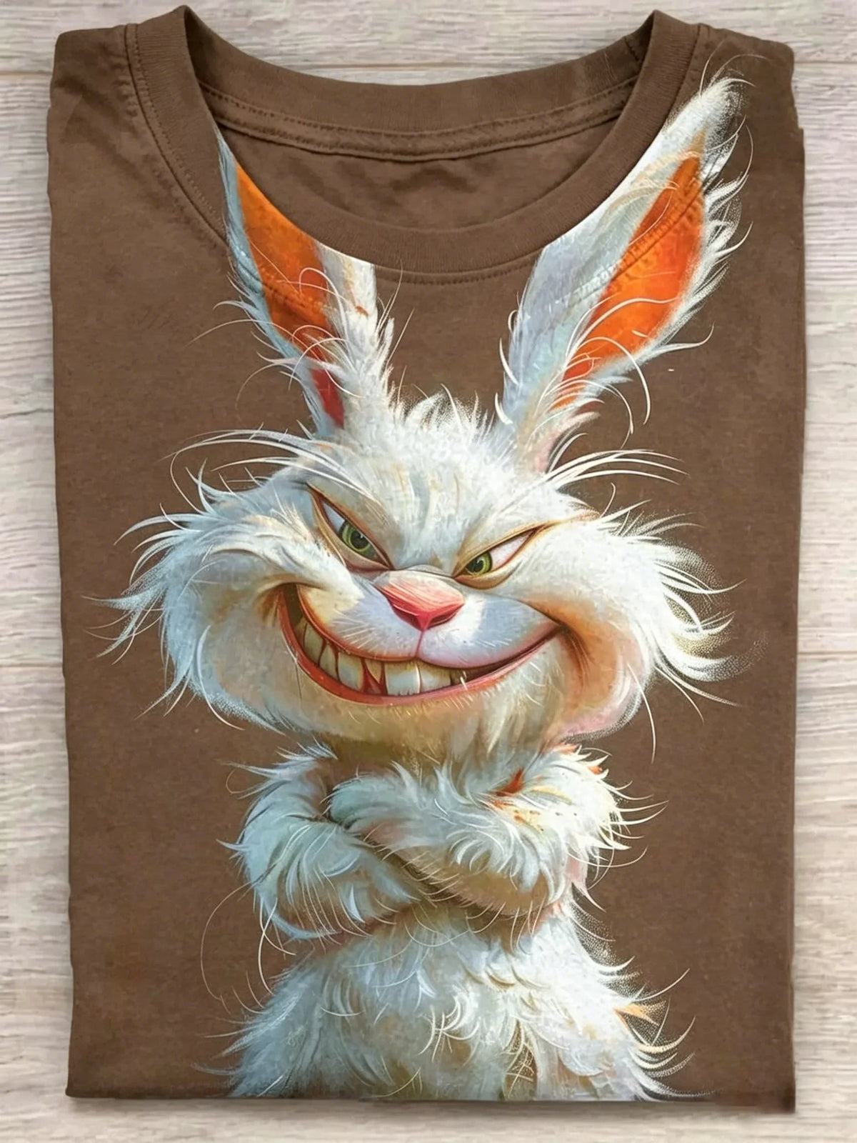 Vintage Grinning Evil Rabbit Graphic Crew Neck T-Shirt, Cartoon White Bunny Funny Casual Short Sleeve Tee