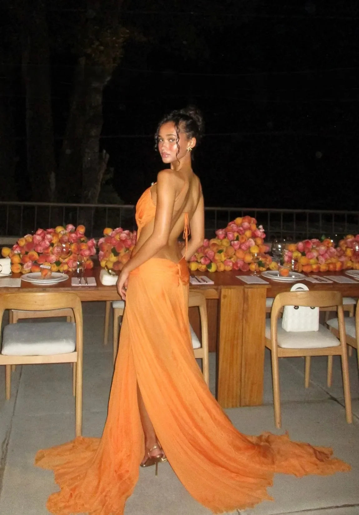 Halter Deep V-Neck Backless Gem-Embellished Chiffon Maxi Dress