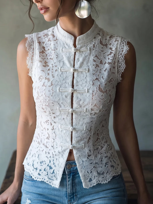 White Floral Lace Sleeveless Stand Collar Cheongsam-Style Hollow-Out Vest