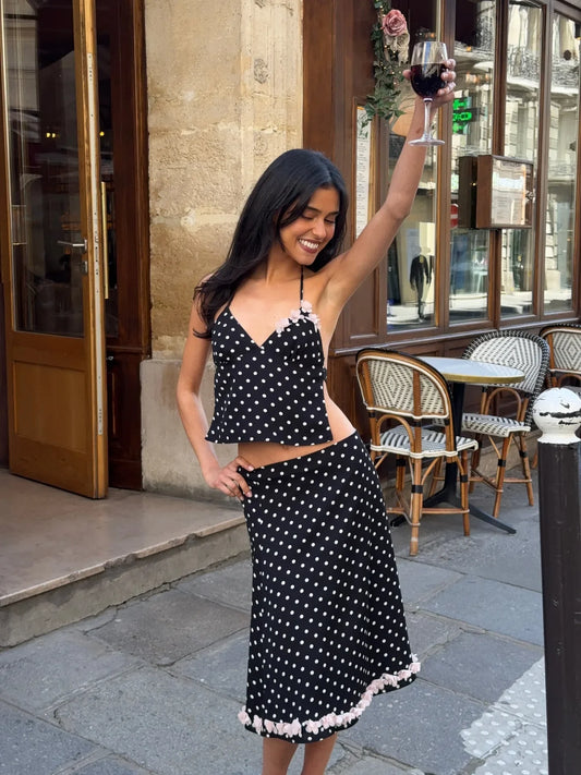 Polka Dot Halter Floral Trim Two-Piece Set