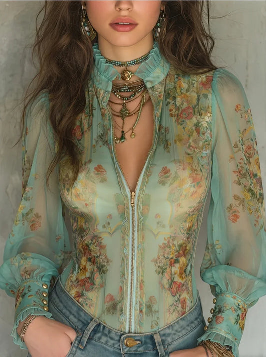 Mint Green Vintage Floral Print Sheer Chiffon Ruffle Stand Collar Zip-Front Long Puff Sleeve Blouse