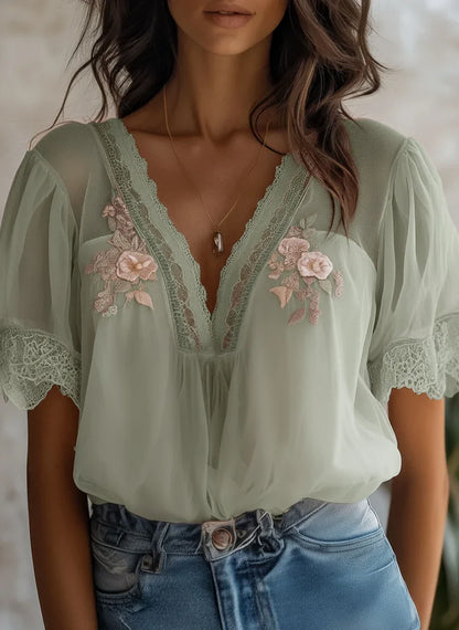 Boho Delicate Floral Embroidered Chiffon Blouse