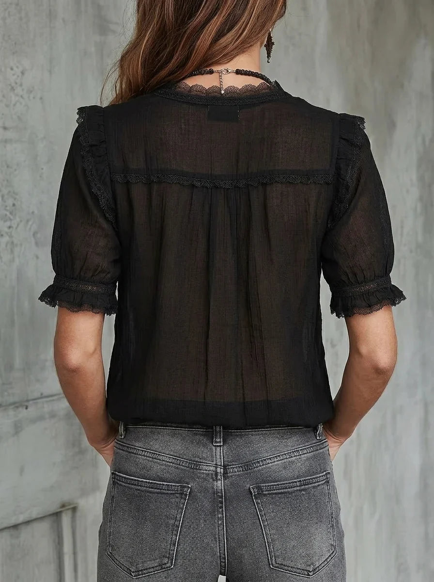 Black Lace Ruffle V-Neck Semi-Sheer Crinkle Chiffon Short Puff Sleeve Button-Front Blouse