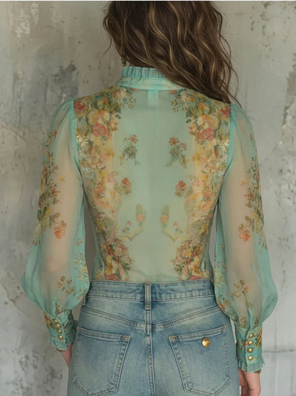 Mint Green Vintage Floral Print Sheer Chiffon Ruffle Stand Collar Zip-Front Long Puff Sleeve Blouse