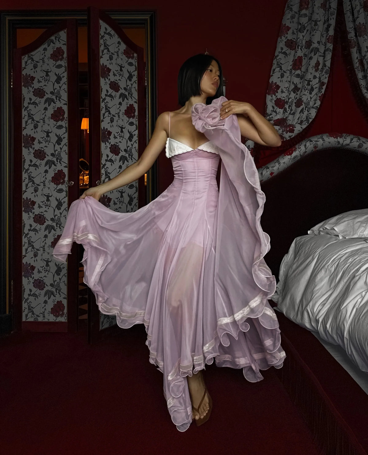 Two-Tone Satin & Lace Trim Cami Maxi Dress