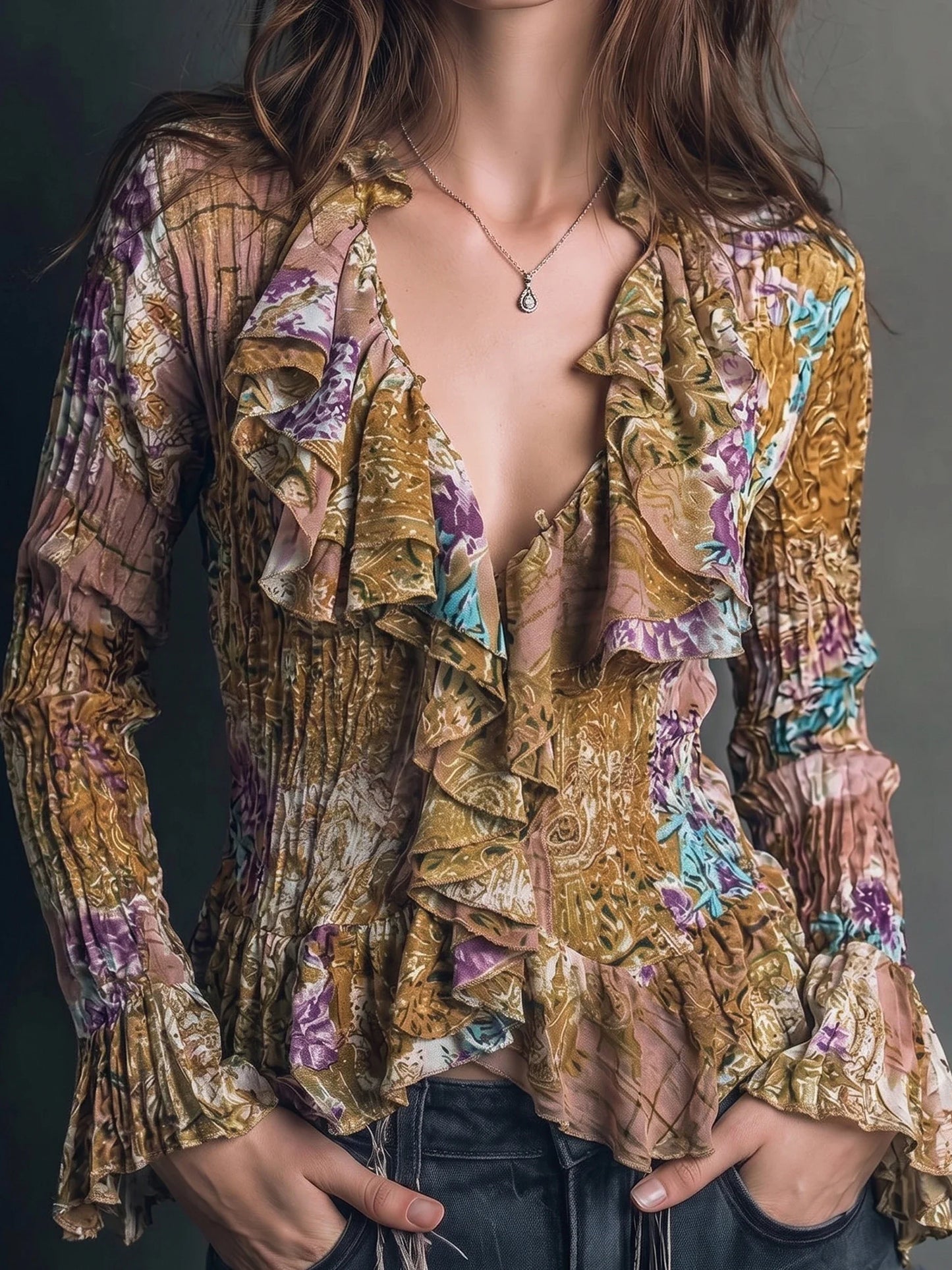 Vintage Floral Paisley Ruffle V-Neck Shirred Long Flare Sleeve Peplum Blouse
