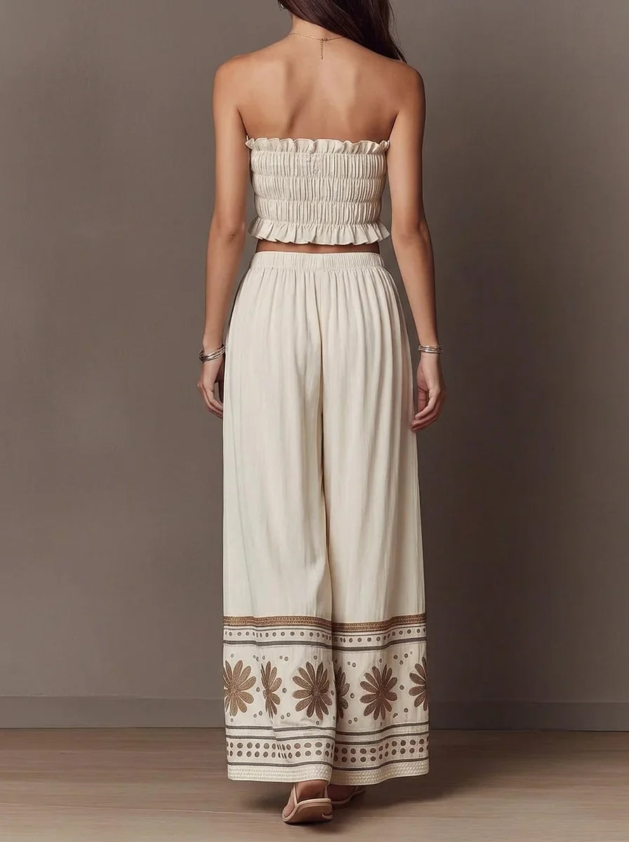 Boho Two Piece Outfit, Ruffle Smocked Tube Crop Top & Floral Border Print Wide Leg Palazzo Pants Set