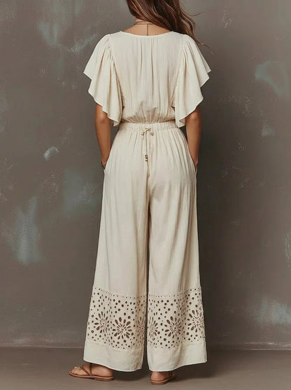 Boho V Neck Ruffle Short Sleeve Eyelet Hem Wide Leg Jumpsuit, Drawstring Waist Casual Vacation Romper