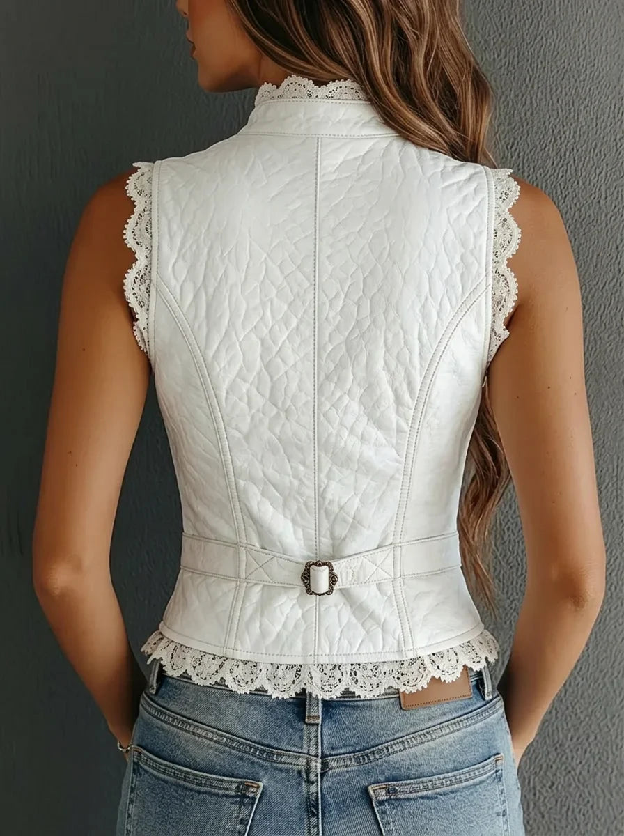 White Quilted Faux Leather Lace-Trim Stand Collar Button-Front Slim Cropped Vest