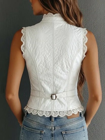 White Quilted Faux Leather Lace-Trim Stand Collar Button-Front Slim Cropped Vest