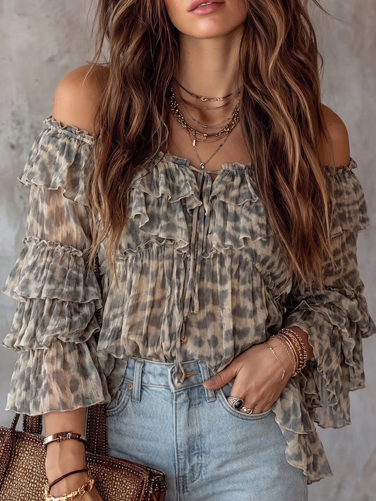 Tie-Dye Leopard Off-Shoulder Ruffle Tiered Long Sleeve Crinkle Chiffon Blouse