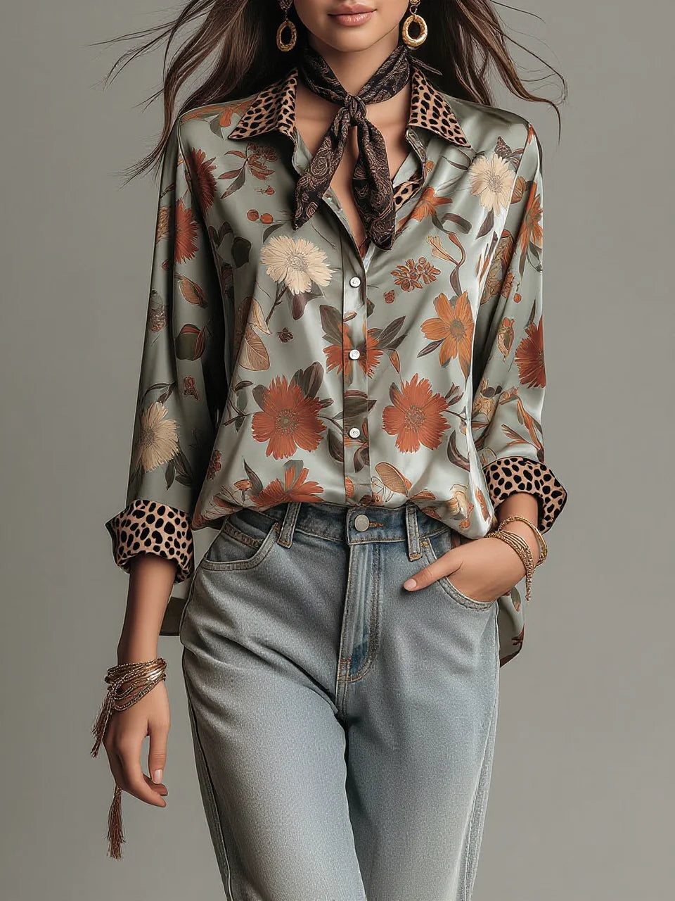 Sage Green Floral & Leopard Patchwork Satin Blouse