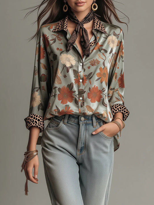 Sage Green Floral & Leopard Patchwork Satin Blouse