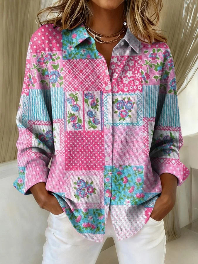 Women's Vintage Pink Floral Patchwork Print Casual Lapel Shirt