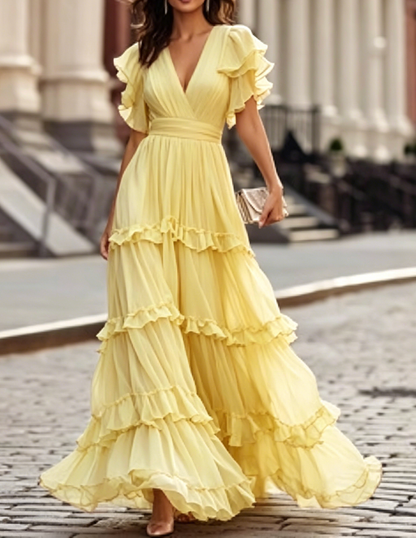 Ruffled V-Neck Tiered Maxi Dress