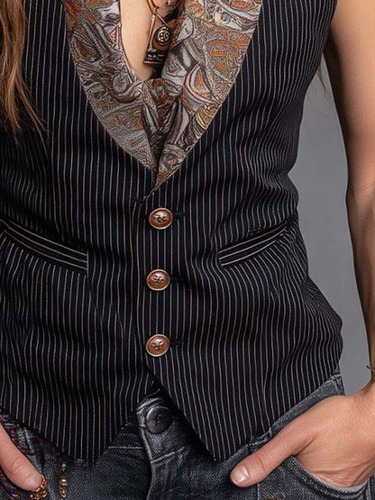 Vintage Stripe Tailored Vest With Printed Lapel
