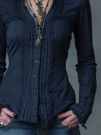 Retro Pleated Lace Long-sleeved Blouse