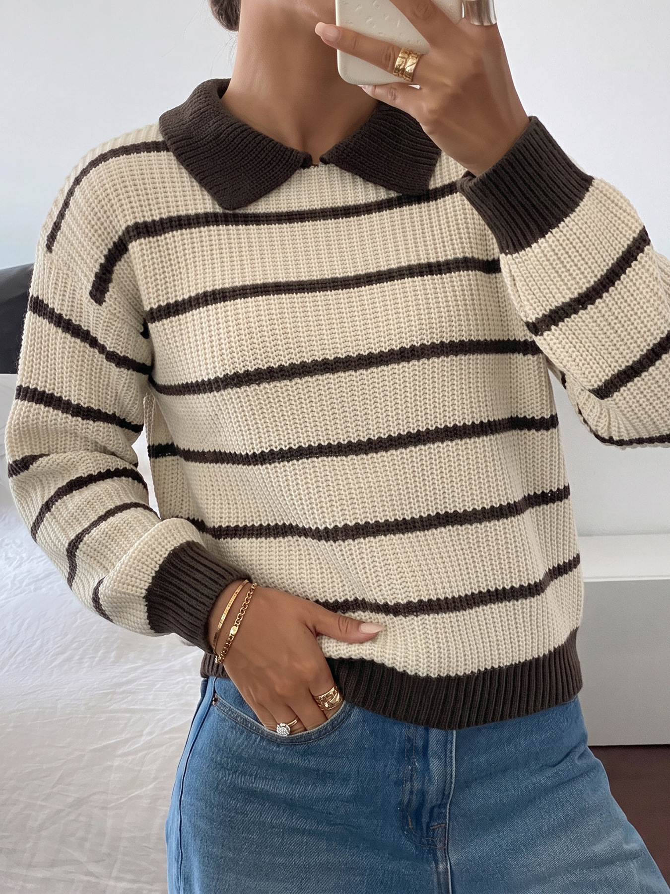Striped Polo Collar Knit Sweater