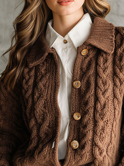 Retro Brown  Chunky Cable Knit Cardigan With Collar