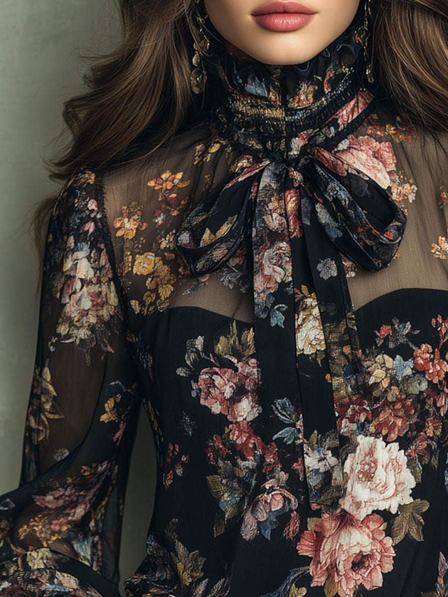 Retro Boho High Neck Bow Tie Black Floral Sheer Chiffon Blouse