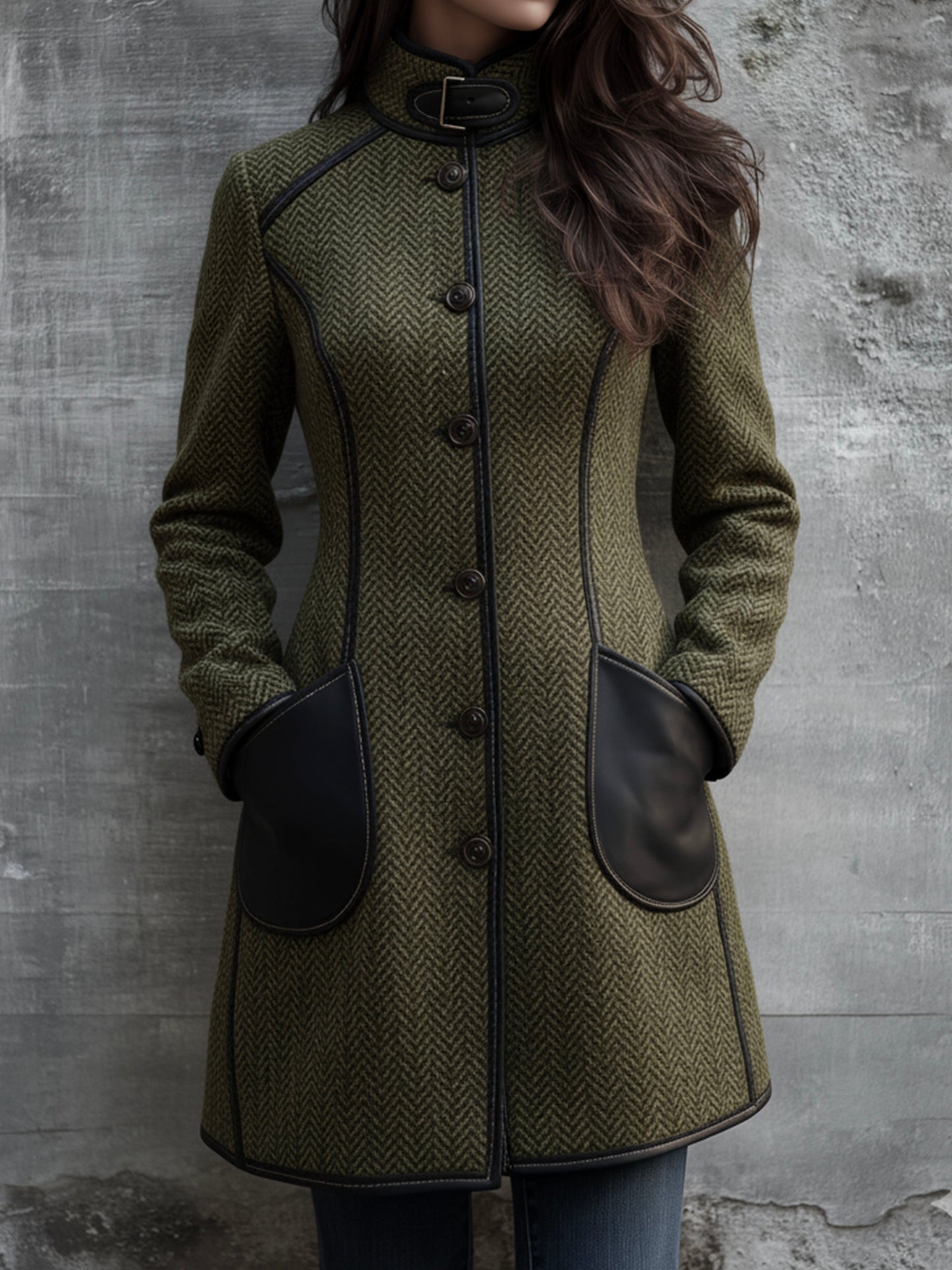 Olive Green High Neck Herringbone Buckle Coat With Contrast Leather Trim