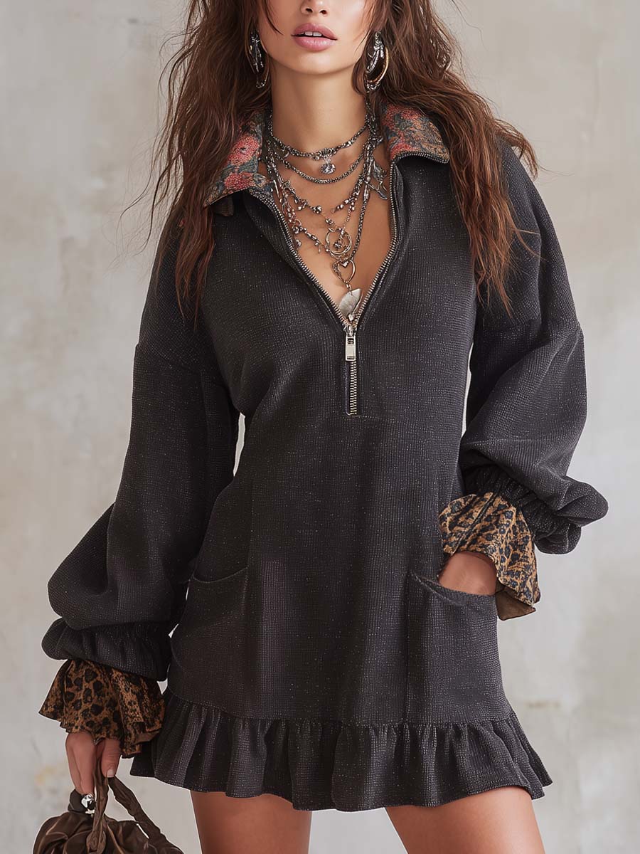 Vintage Zip-up Collar Leopard Print Cuff Mini Dress
