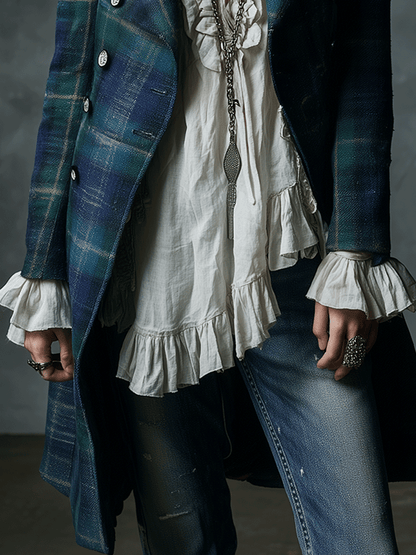Vintage Tartan Wool-Blend Long Coat
