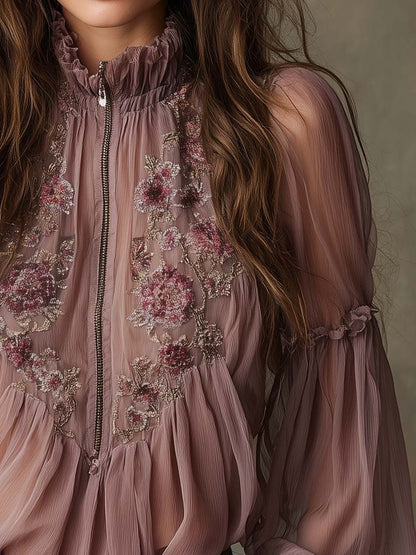 Bohemian Elegance Sheer Embroidered Zip-Front Chiffon Blouse