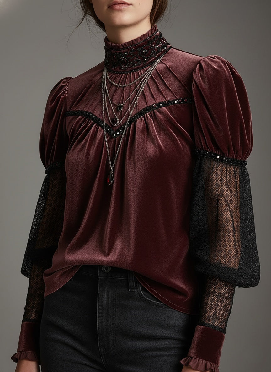 Elegant Velvet & Lace Embellished High-Neck Blouse