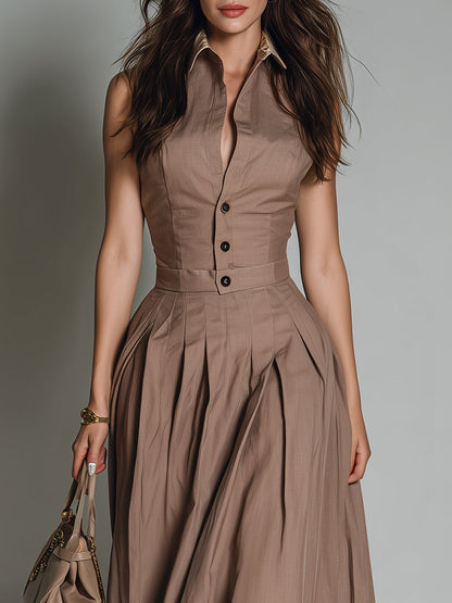 Chic Shirt Collar Sleeveless Pleated Midi Dress