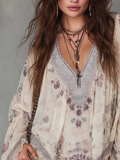 Retro Ethnic Style Trim Floral Chiffon Blouse
