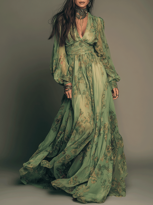 Vintage Green Bohemian Floral Ruffle Maxi Dress
