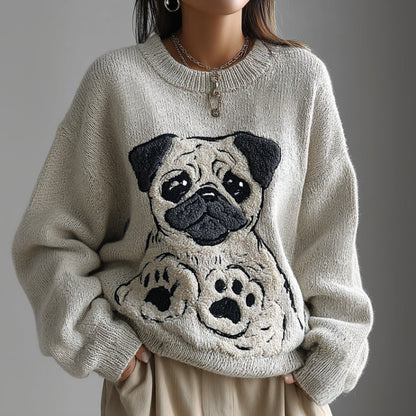 Lovely Cute Pug Embroidery Art Loose Cozy Knit Sweater