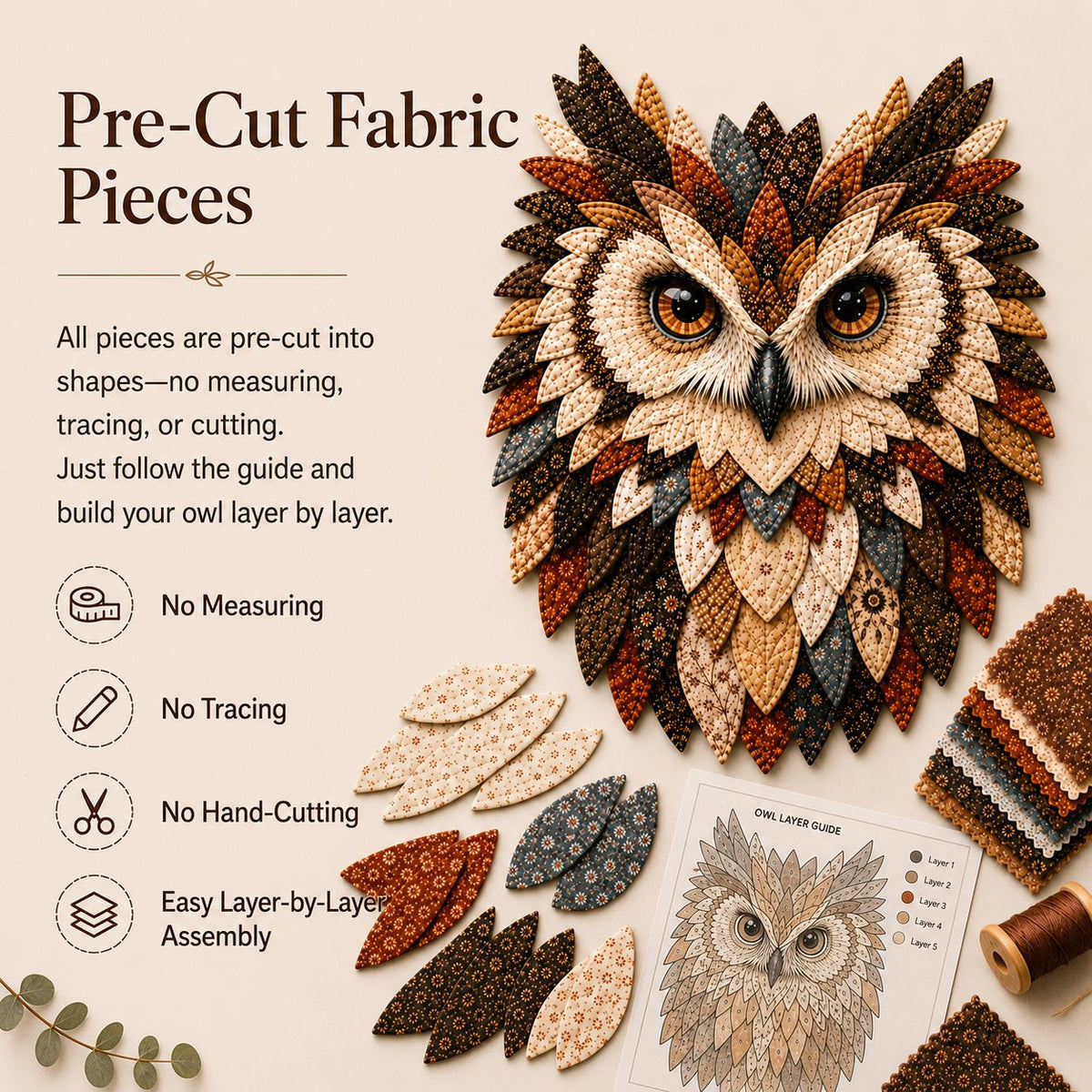 🦉 Layered Fabric Owl Wall Art DIY Kit – Complete Kit Included ✂ Pre-Cut Pieces • Glue or Stitch Your Way