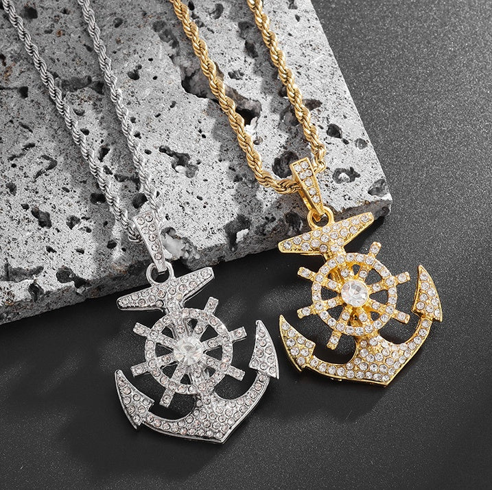 Men's Hip Hop Zircon Anchor Pendant Necklace