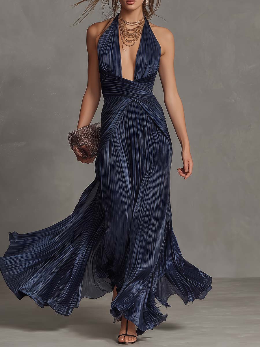 Elegant Navy Halter Pleated Maxi Dress