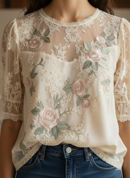 Elegant Embroidered Floral Lace Blouse for Women
