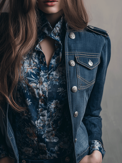 Vintage Wash Denim Military Inspired Gold Buttons Jacket