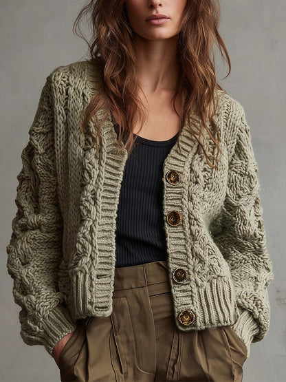 Sage Chunky Twisted Knit Cardigan With Gold Buttons