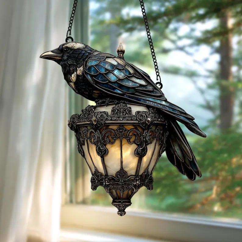 🐦‍⬛Dark Elegance: Hand-Painted Gothic Crow Lamp Ornament