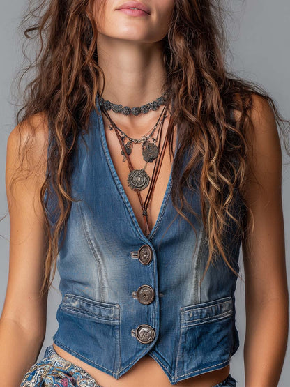 Washed Denim Vintage Button Detail Western Vest