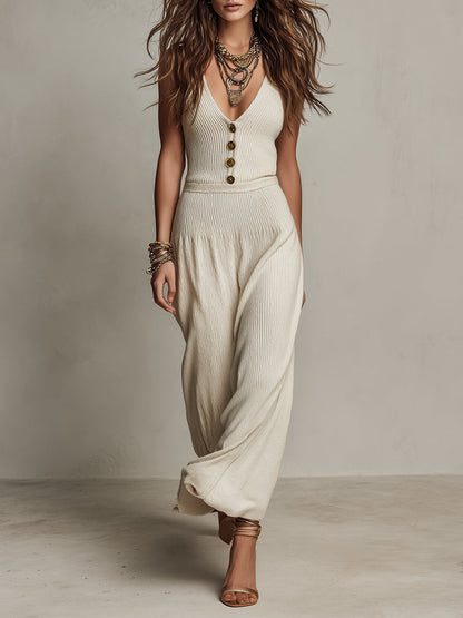 Vintage Knitted Button-down Sleeveless Maxi Dress