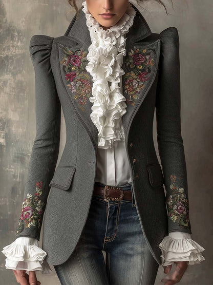 Vintage Wool-Blend Embroidered Tailored Blazer With Ruffled Cuffs