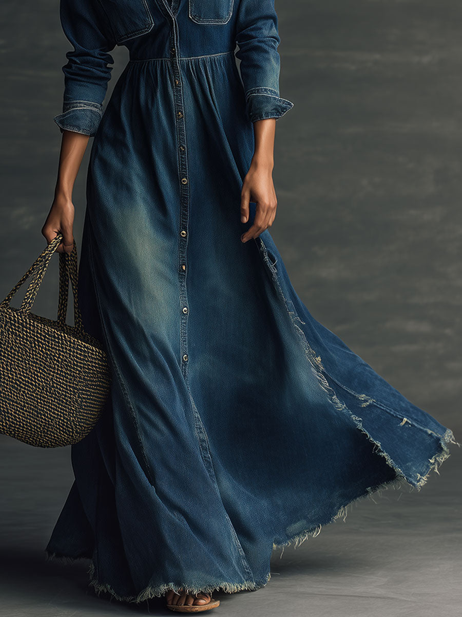 Stylish Stand Collar Washed Raw Hem Maxi Dress