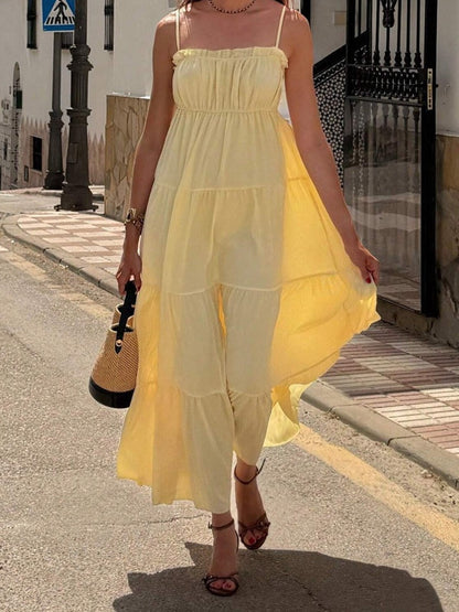 2026 European and American Ladies Spring and Summer French Style Vacation Sling Wooden Ear Tube Top Cinched Waist Long Texture Dress